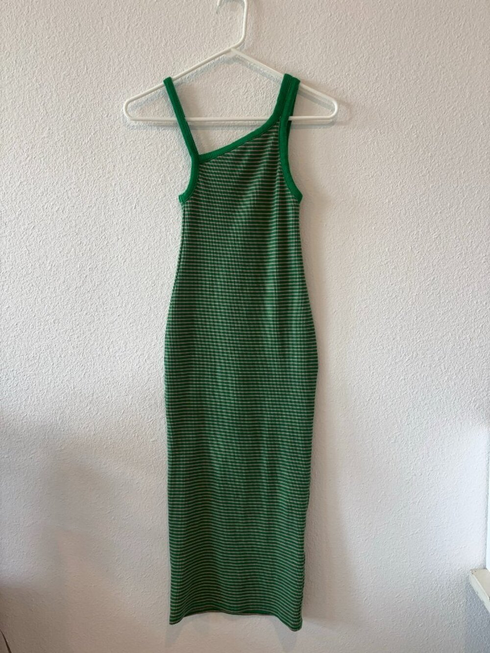 Zara Green Pink Striped Ribbed Bodycon Midi Dress